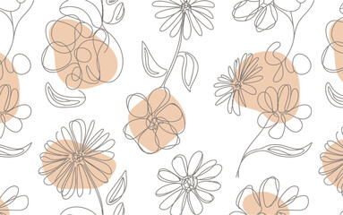 Minimalist floral line art with peach blobs seamless pattern