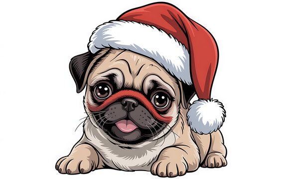 Pug dog wearing a red hat and a red ribbon around its neck