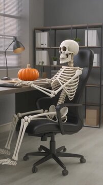 Spooky skeleton with pumpkin  lamp at desk, perfect for halloween designs, seasonal content, autumnthemed graphics, party invitations, and decorations.