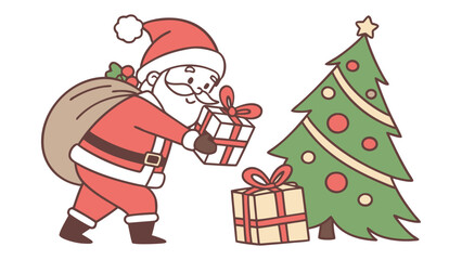 Cute cartoon  of Santa Claus with gifts by the Christmas tree