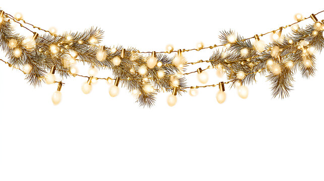 Glowing Christmas lights with golden festive garland on white background Stock Illustration 