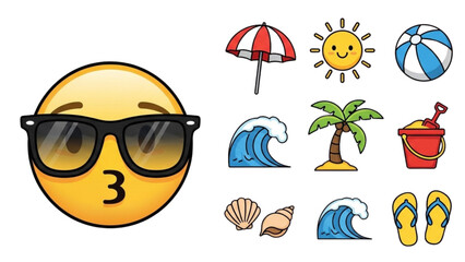 A collection of colorful summer beach icons and a cool emoji with sunglasses for vacation concepts
