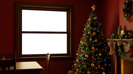 A decorated Christmas tree and fireplace with gifts, stockings, and garlands are seen through a transparent window. Perfect for placing objects outside the window.