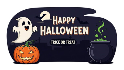 A festive cartoon banner with a ghost, pumpkin, and cauldron for a spooky holiday greeting