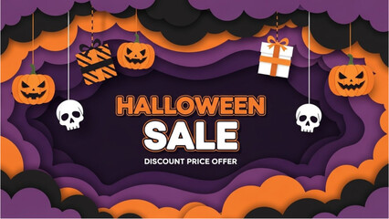 Halloween Sale Discount Price Offer With Pumpkins And Skulls Decorations