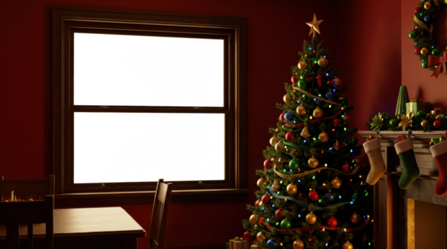 A decorated Christmas tree and fireplace with gifts, stockings, and garlands are seen through a transparent window. Perfect for placing objects outside the window.