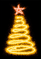 A pixelated glowing Christmas tree with star.
