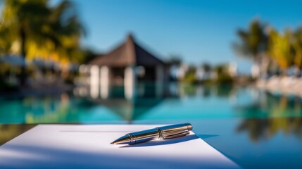 Contract, Negotiation, Signing, Deal, Partnership, Breakthrough, Luxury Business Contract on Glass Table with Reflection of Resort, Creative Breakthrough Opportunity, Copy Space for Text