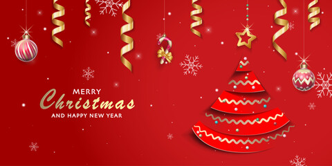 A red Christmas background featuring hanging golden ribbons, snowflakes and a layered paper-cut style Christmas tree decorated with wavy lines and ornaments balls creating a warm holiday greeting.