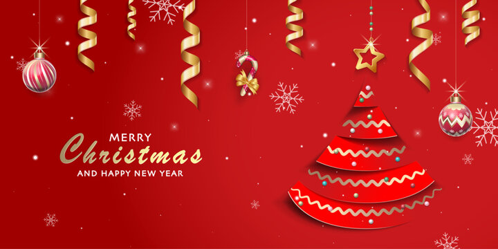 A red Christmas background featuring hanging golden ribbons, snowflakes and a layered paper-cut style Christmas tree decorated with wavy lines and ornaments balls creating a warm holiday greeting.