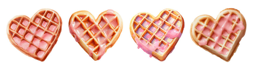 Heart shaped waffles with pink icing representing love and romance. Creating a sweet dessert design for valentine's day celebrations or romantic breakfast concepts