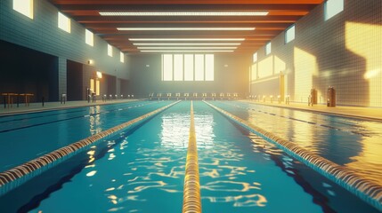 Sunlight streams into a modern indoor swimming pool with lanes and starting blocks, creating a serene atmosphere