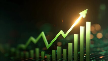Green upward trending financial graph with rising bars and arrow symbolizing economic growth and positive business development in a dark abstract setting with bokeh lights - Powered by Adobe