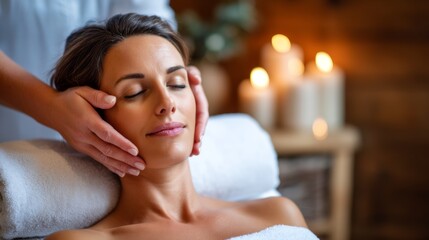 In a serene spa, a couple unwinds together as one partner receives a calming head massage. Soft candlelight sets the mood for a peaceful experience filled with relaxation