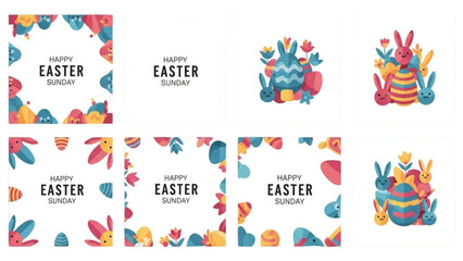 Happy Easter Sunday festive floral frames with cute bunny illustrations