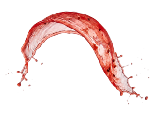 Red liquid splashing in a dynamic arc against a white background. isolated on transparent background