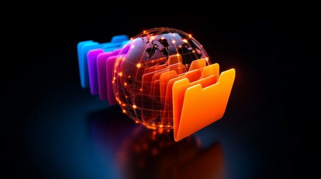 3D ,technology, network, workflow, server system, cloud computing, Global Data Storage Flow Visualization with Connected Folders Around Small Globe