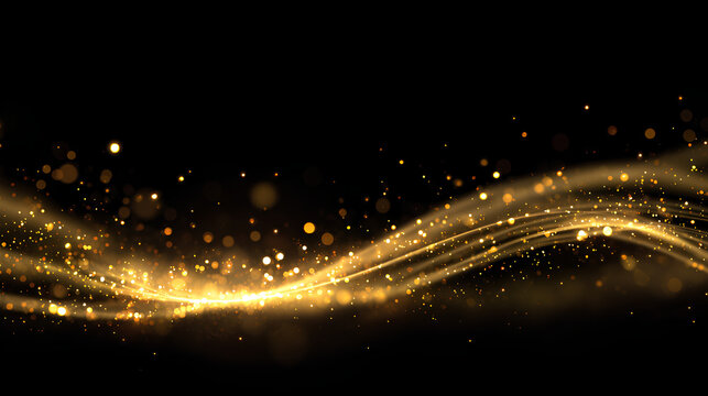 Gold shine wave spark light dust particles background black design texture glow bright elegant luxury magic celebration holiday flickering beam radiant sparkling overlay with luminous golden light. 