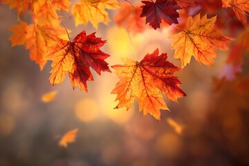 Obraz premium Vibrant Autumn Maple Leaves Falling in Golden Light