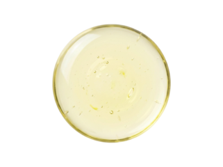 Top view of a petri dish with yellow liquid culture. isolated on transparent background