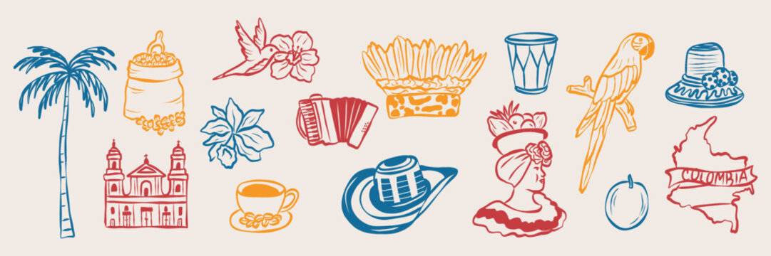 Hand drawn Colombia elements set