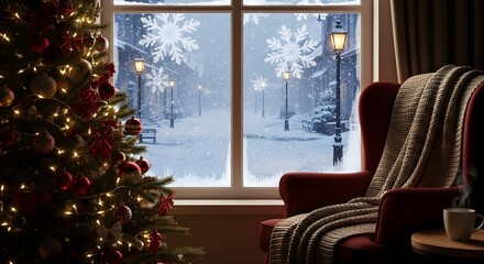Cozy Christmas scene: Decorated tree, armchair with blanket, and snowy winter view through a window.