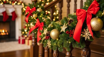 Christmas garland with red bows and ornaments decorates a staircase, with gifts and stockings by a fireplace in the background.