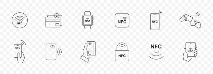 Nfc icon set. Contactless wireless pay sign logo. NFC payments icon for apps. Contactless NFC payment sign. NFC payment with smartphone icons. Vector illustration.