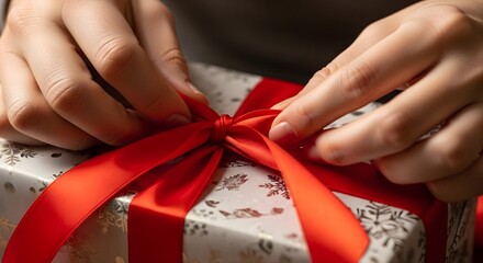 Close-up of hands tying a red ribbon on a wrapped present with patterned paper.