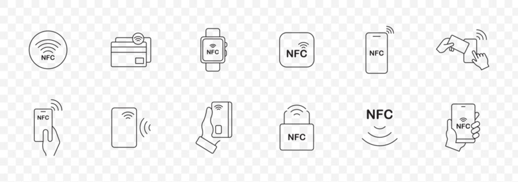 Nfc icon set. Contactless wireless pay sign logo. NFC payments icon for apps. Contactless NFC payment sign. NFC payment with smartphone icons. Vector illustration.