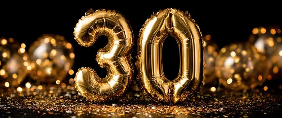 Decorative gold foil balloons shaped as the number 30 on dark background with sparkling confetti and bokeh, creating a festive atmosphere for a milestone birthday celebration. High quality