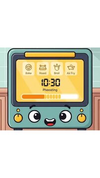 Cute Cartoon Toaster Oven with Happy Face and Cooking Progress.