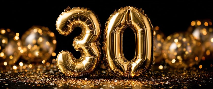 Decorative gold foil balloons shaped as the number 30 on dark background with sparkling confetti and bokeh, creating a festive atmosphere for a milestone birthday celebration. High quality