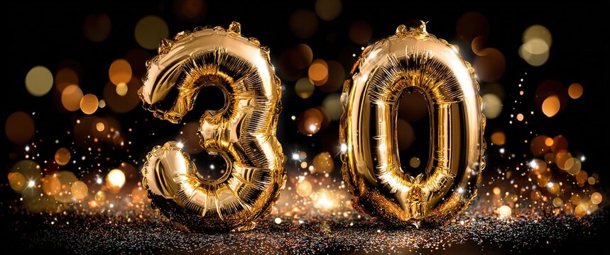 Decorative gold foil balloons shaped as the number 30 on dark background with sparkling confetti and bokeh, creating a festive atmosphere for a milestone birthday celebration. High quality