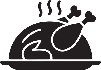 Roasted Poultry Silhouette Icon on Serving Platter Festive Food Symbol Vector Illustration