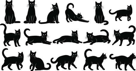 Black cat silhouette collection featuring multiple feline poses, walking, sitting, stretching and playful pet illustrations for design, decoration and artwork projects