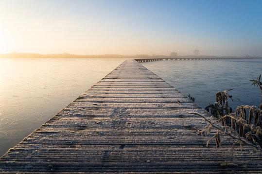 Hoarfrost on a jetty (Knuppelpad) in nature reserve Roegwold during a cold, autumn sunrise.