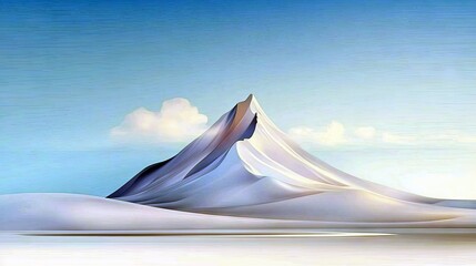 An abstract landscape featuring a mountain covered in snow, a cloud, and a blue sky.