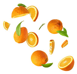 Fresh juicy orange slices floating on a white background. Creative citrus levitation concept for healthy food, summer vibes, advertising, packaging, and design projects.