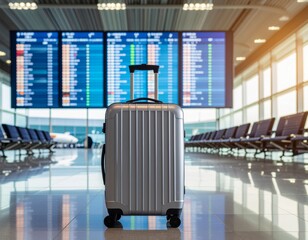 空港案内板とキャリーケースの旅情ターミナル構図