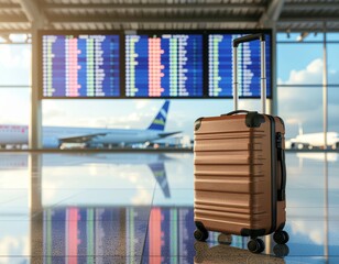 空港案内板とキャリーケースの旅情ターミナル構図
