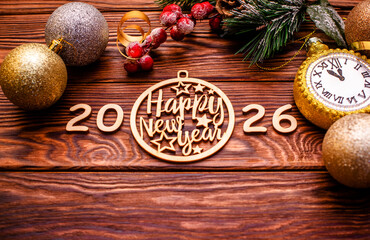 Happy new year 2026 on wooden brown background
