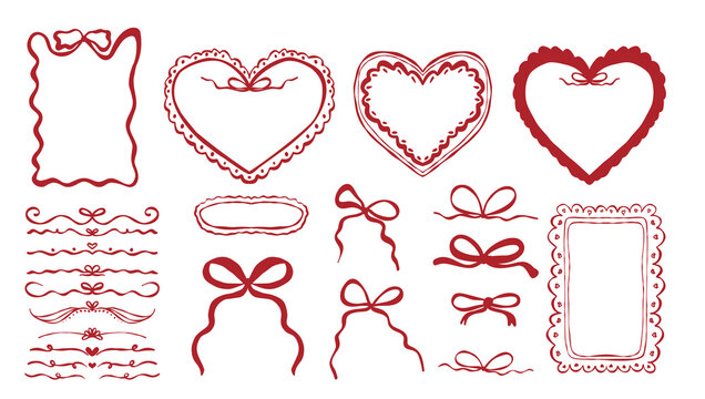 Set of cute Coquette bows, ribbons, dividers and frames. Elegant vintage Hand drawn line art girly decor Vector illustration. Hand drawn Coquette Whimsical Frames