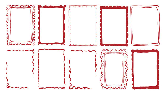 Whimsical hand drawn Doodle Wavy Frame set. Vintage doodle border. Minimalist frames, mediterranean Coastal Isolated Vector illustration. Coquette Squiggle Doodle Frame