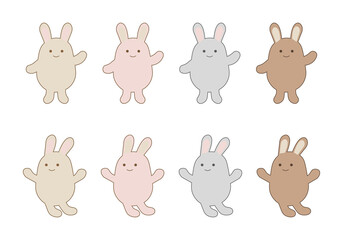 ゆるいシンプルうさぎの アクションポーズ グレージュ くすみピンク 他4色セット アイコン 背景透過PNG