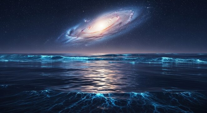 Cosmic galaxy reflected in ocean waves under a starry night sky