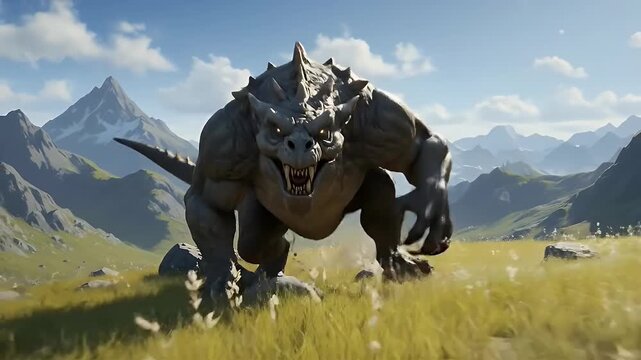 Powerful fantasy monster roaring in a scenic mountainous landscape - Powered by Adobe