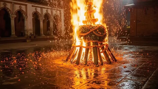 Holika Dahan Fire Ritual Celebration During Chhoti Holi Festival with Sacred Bonfire in Traditional Indian Setting
