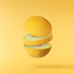 Fresh ripe Galia Melon falling in the air isolated on yellow background