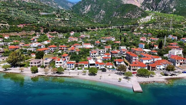 Aerial Drone Zoom View of Paralia Sergoulas on the Gulf of Corinth, Delphi Riviera, in Spring